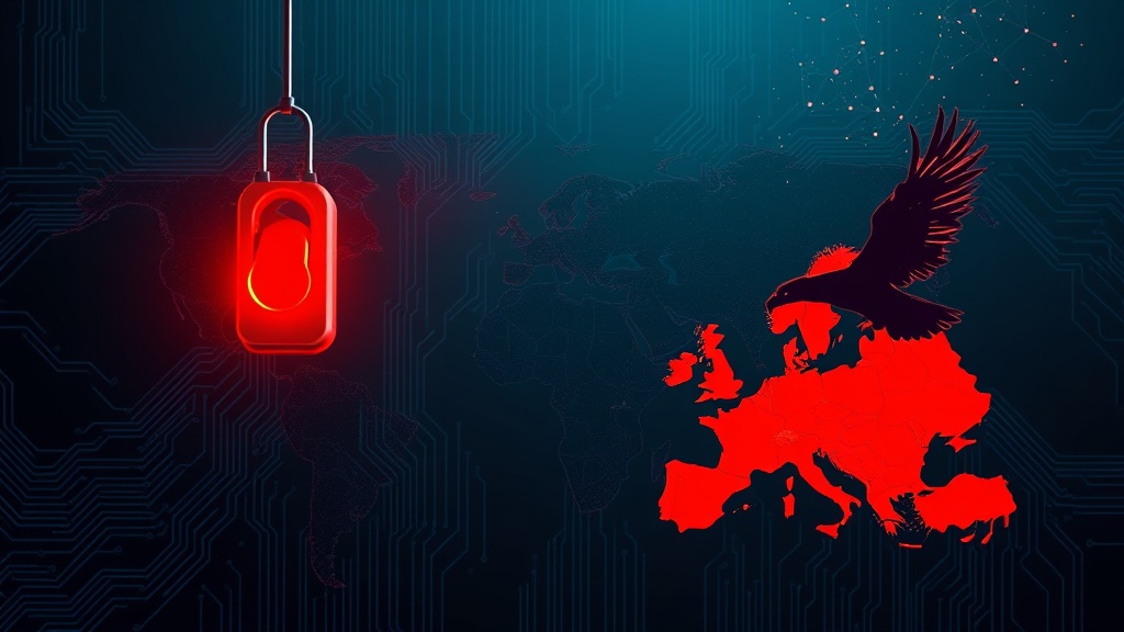 Souverainete numerique IA – kill switch americain Interrupteur geant au-dessus d une carte du monde en circuits, un cable de donnees debranche de l Europe